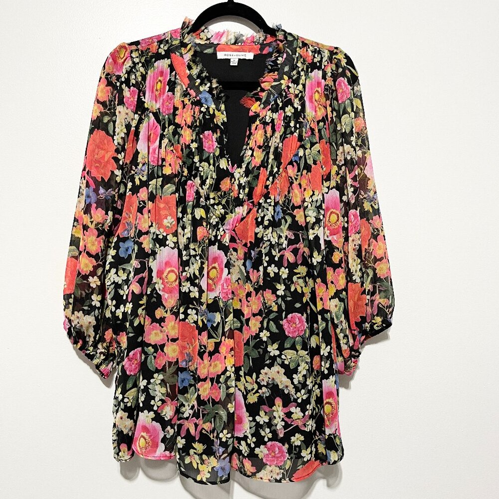 Rose Olive Womens Floral Blouse 1X Sheer Balloon Sleeve Bloomcore Peasant Spring